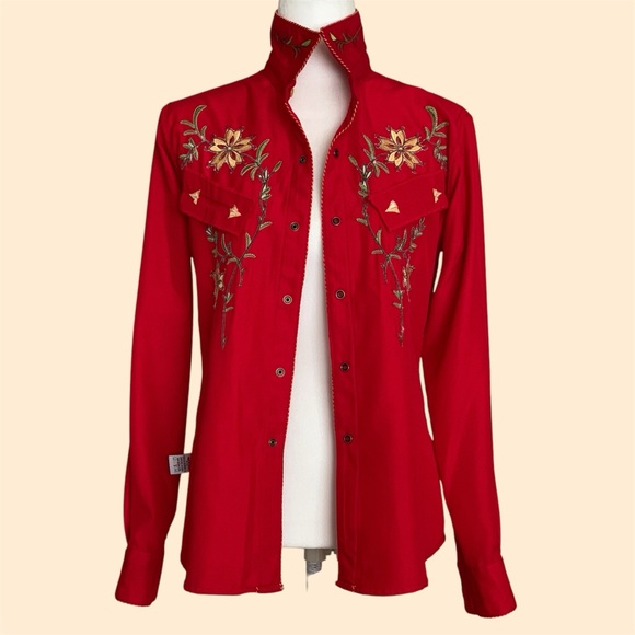 Panhandle Slim Red Floral Embroidered Western Pearl Snap Button Shirt, Women Med - Picture 7 of 10